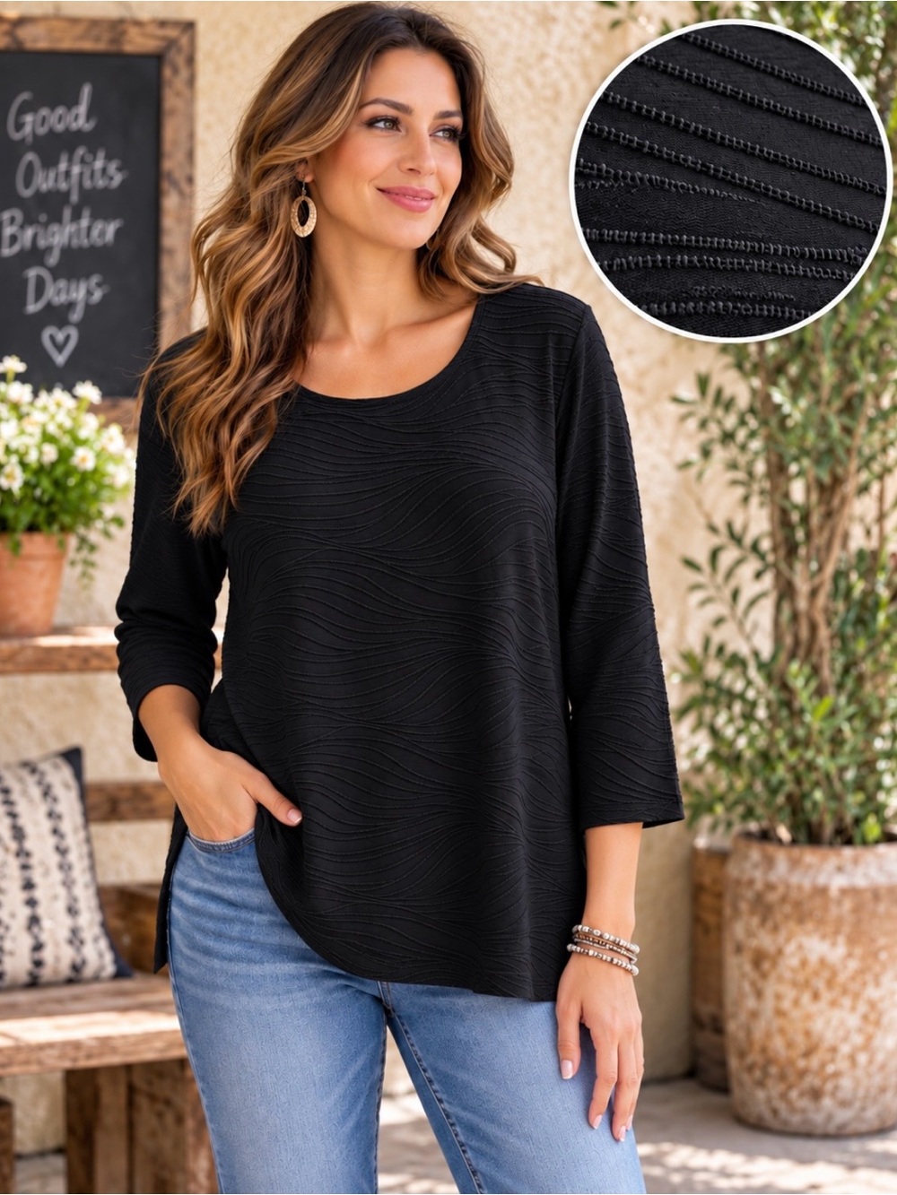 JM Collection black textured fabric top